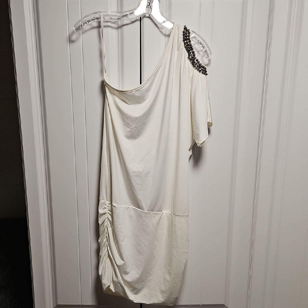 Chic One-Shoulder Cream Dress with Embellished Detail